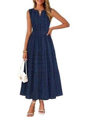 🆕Women Navy blue Maxi Dress for  Casual Sleeveless Boho V Neck Cotton Long Dres